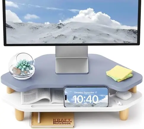 Monitor Stand Riser,2 Tier Corner Wood Sturdy 16.5In Computer Stand, Multi-Purpose Desktop Storage Stand for Laptop,PC,iMac,Printer,Computer,Blue