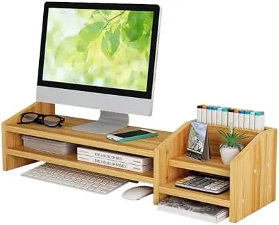 Monitor Stand Riser, 2 Tiers Wood Monitor Riser Stand Brown