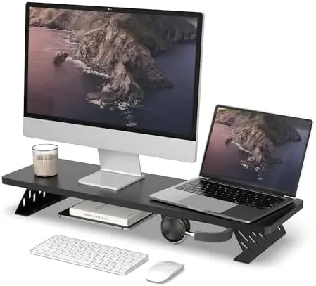 Monitor Stand Riser, Wooden & Metal Desk Shelf Organizer, Black