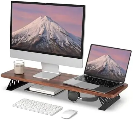 Monitor Stand Riser, Wooden & Metal Desk Shelf Organizer, Brown
