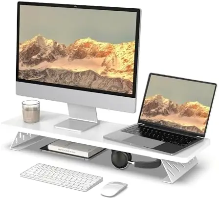 Monitor Stand Riser, Wooden & Metal Desk Shelf Organizer, White