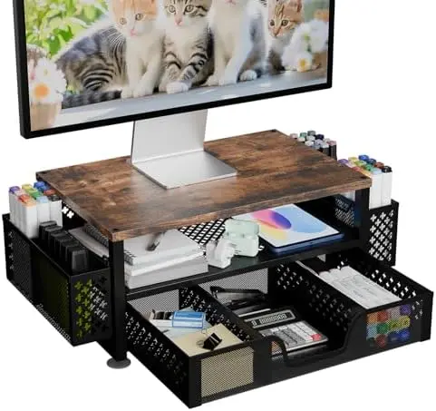 Monitor Stand with Drawer, 2-Tier Laptop Stand, Wood