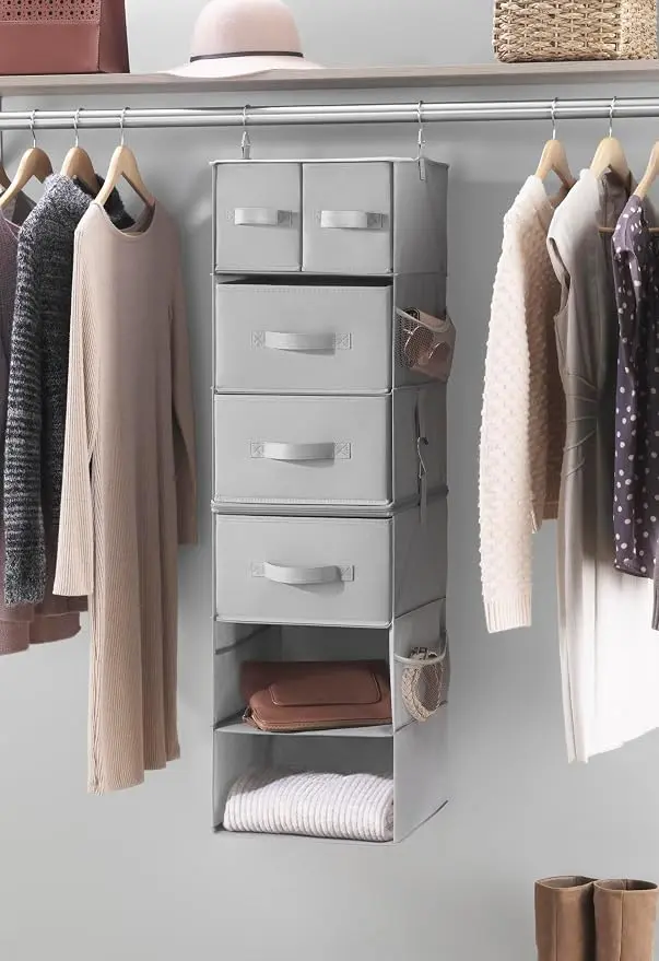 Multi-Functional Hanging Organizer with Drawer Inserts- 5 Section - Closet Organizer - Grey