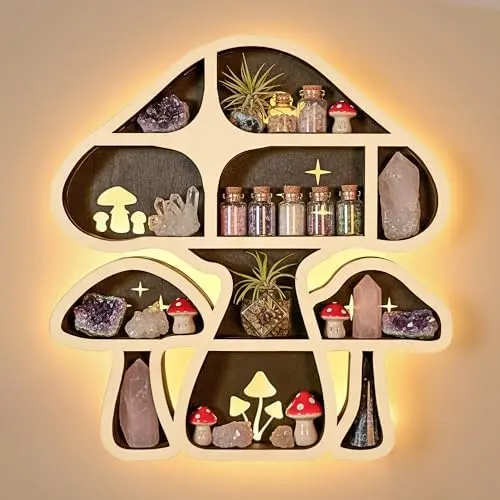 Mushroom Decor Floating Shelves with Lights, Crystal Display Shelf for Wall