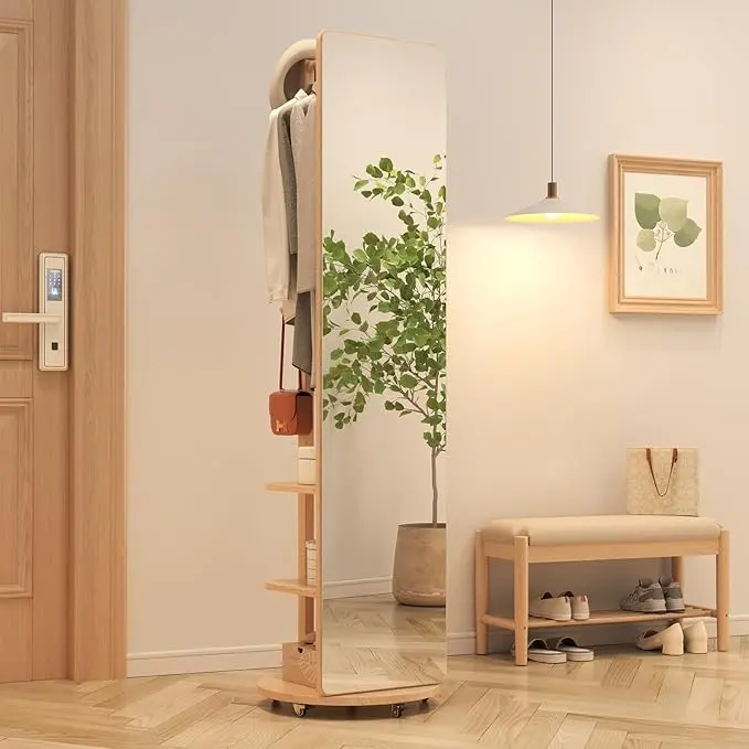 Muwuele Solid Wood Full Length Mirror Coat Rack, Floor Mirror
