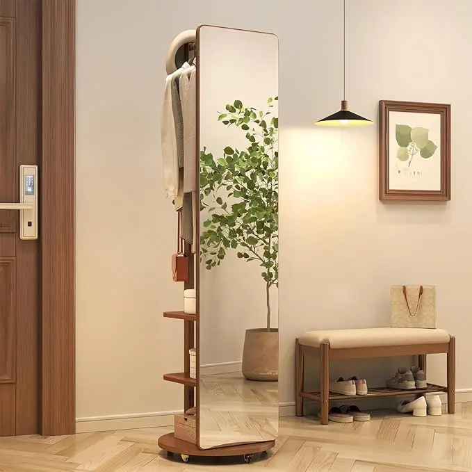 Muwuele Solid Wood Full Length Mirror Coat Rack, Floor Mirror