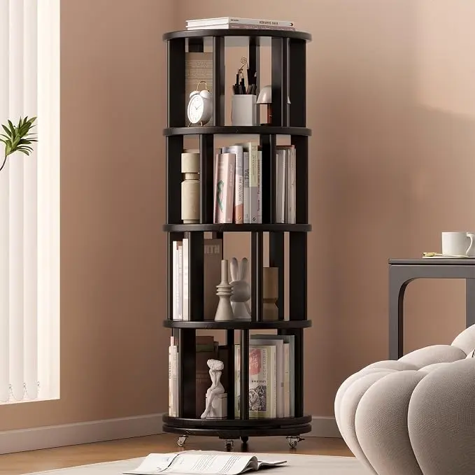 Muwuele Solid Wood Rotating Bookshelf on Wheels, 4 Tier, Round Revolving