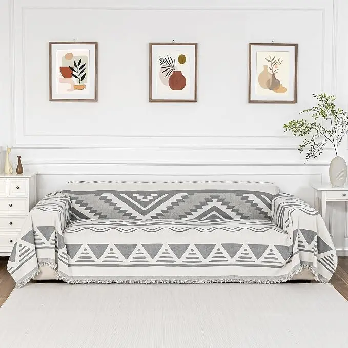 MYSKY HOME Sectional Couch Cover Grey Boho Geometric Sofa Covers
