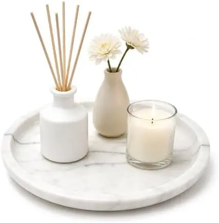 Natural Marble Round Vanity Tray, Decorative Serving Catchall Tray