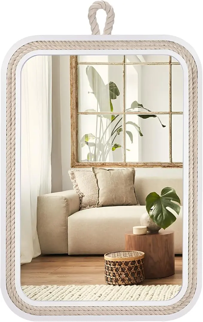 Nautical Rope Mirror Rectangle Wooden 22''Lx16''W White Decorative Mirror
