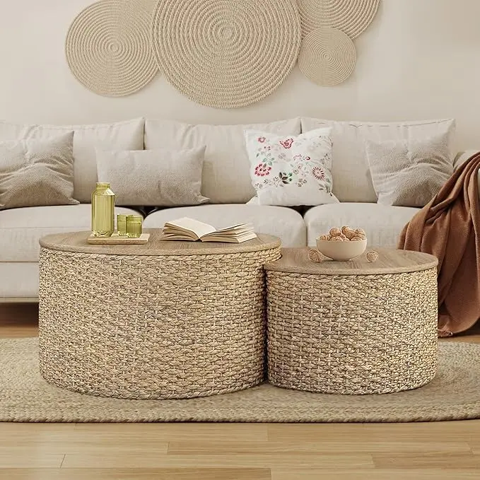 Nesting Coffee Table Set of 2, Rustic Crate and Barrel Coffee Table, Hand-Woven
