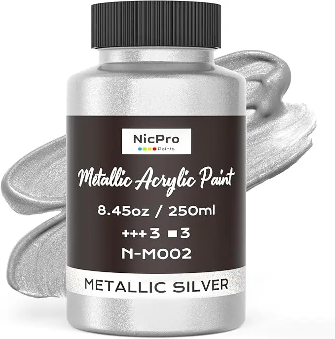 Nicpro Metallic Silver Acrylic Paint, 8.45oz/250ml Silver Leaf Paint, Non Toxic