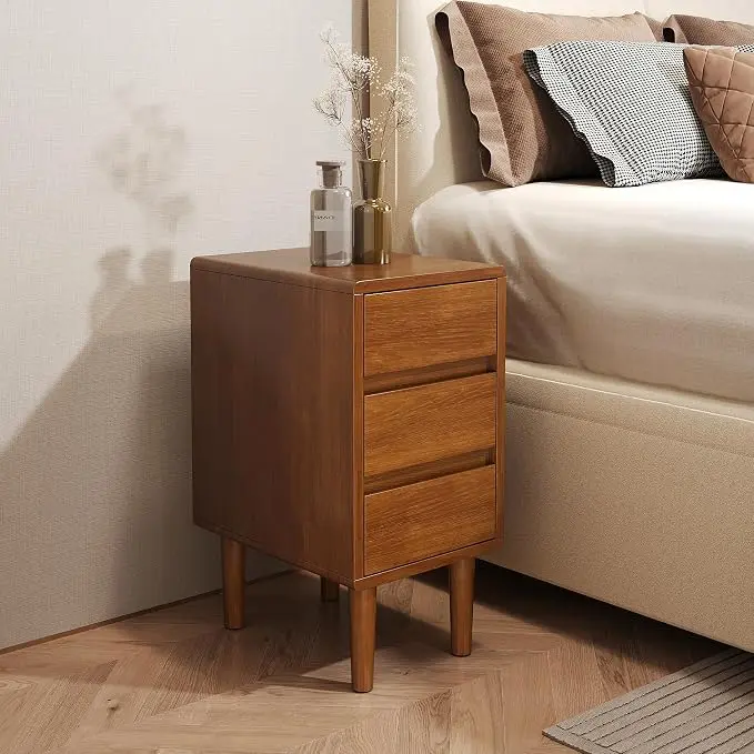 Nightstand with 3 Drawers Narrow Night Stand Solid Wood Bedside Table Mid