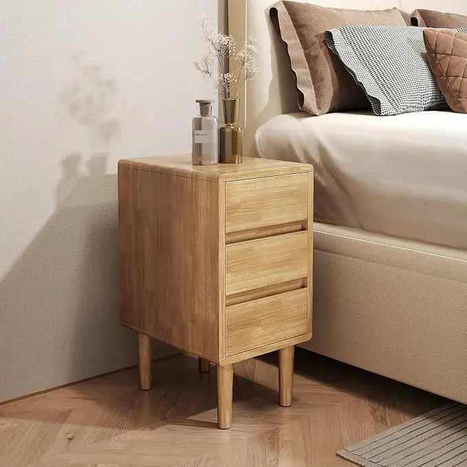 Nightstand with 3 Drawers Narrow Night Stand Solid Wood Bedside Table Mid