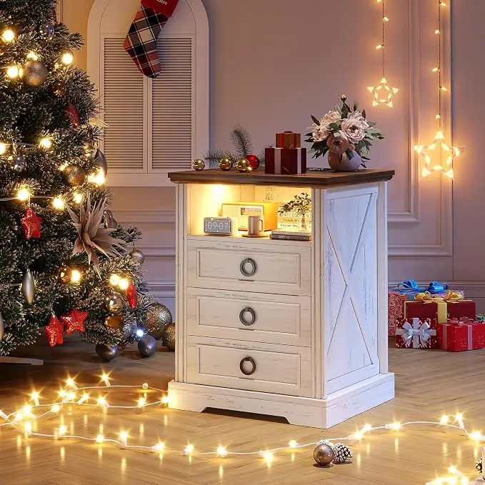Nightstand with Charging Station, Farmhouse End Side Table with 3 Drawers and