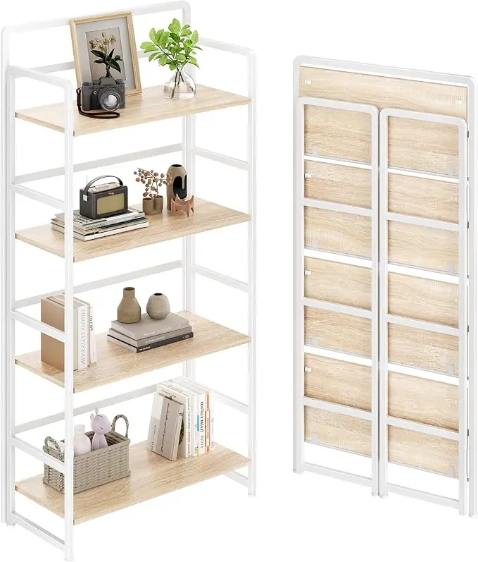 No Assembly Folding Bookshelf, 4 Tiers Collapsible Book Shelf