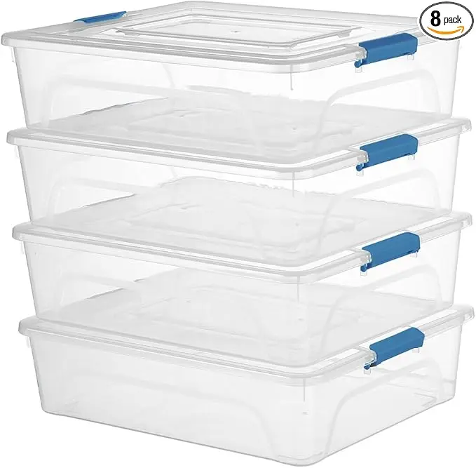 novelinks Clear Stackable Storage Bins with lid Storage Boxes Durable Plastic Organizer Containers for Home Office, Kitchen, Craft Supplies (10 Quart 4 Pack Blue)