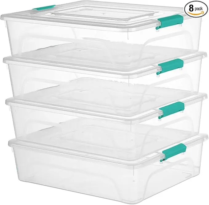 novelinks Clear Stackable Storage Bins with lid Storage Boxes Durable Plastic Organizer Containers for Home Office, Kitchen, Craft Supplies (10 Quart 4 Pack Green)