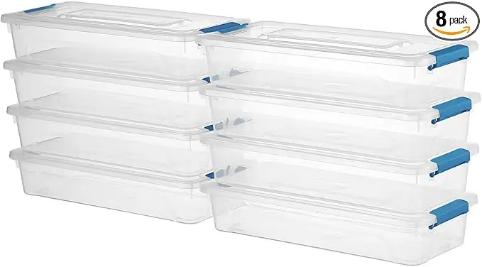 novelinks Clear Stackable Storage Bins with lid Storage Boxes Durable Plastic Organizer Containers for Home Office, Kitchen, Craft Supplies (4 Quart 8 Pack Blue)
