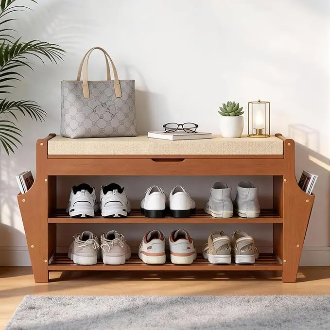 oakvivo 34.3in Shoe Bench, Bamboo 3-Tier Entryway Bench