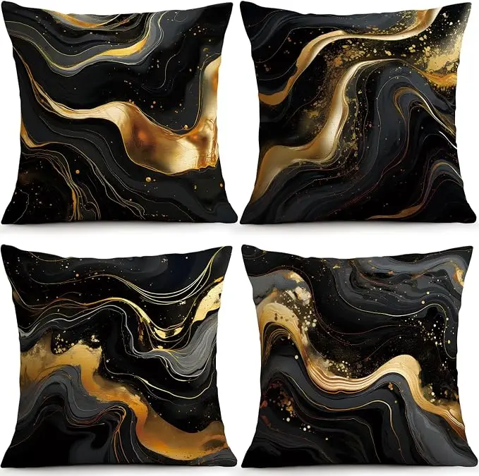 OBSEDE Abstract Black Gold Marble Decorative Throw Pillow Covers 18 × 18 in