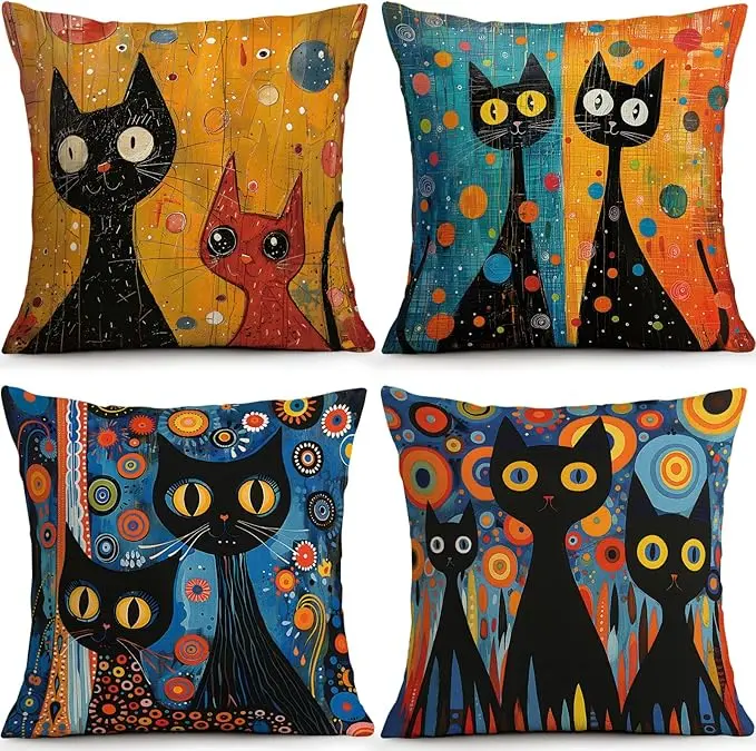 OBSEDE Black Cat Abstract Art Decorative Throw Pillow Covers 18 × 18 in