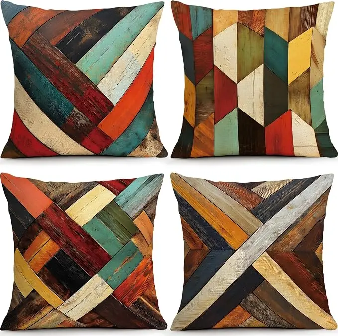 OBSEDE Retro Colored Wood Grain Geometry Decorative Throw Pillow Covers 18 × 18