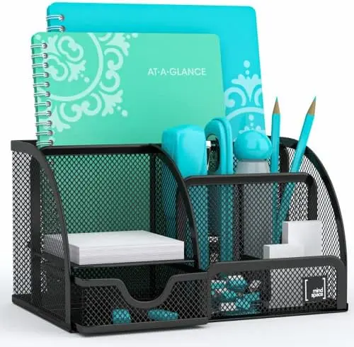 Office Desk Organizer with 6 Compartments + Drawer | The Mesh Collection, Black…