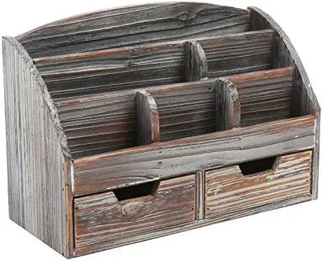 Office Supply Organizer with Drawers, Torched Wood Desktop Storage