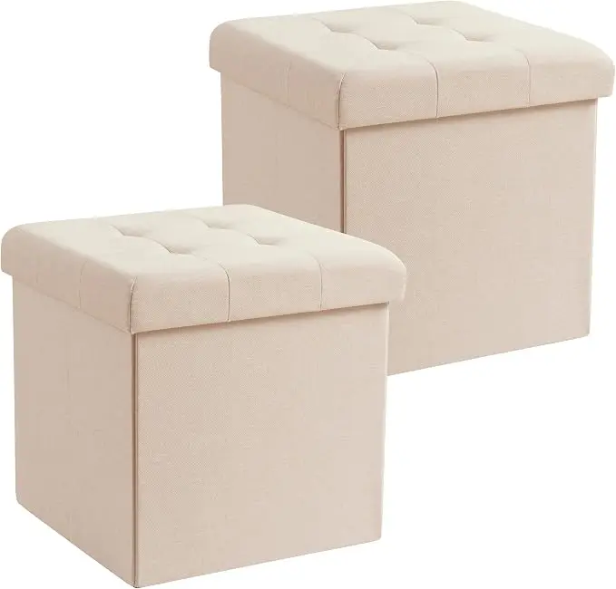 Ornavo Home 2 Pack 15 Inch Folding Storage Ottoman, Square Cube Linen Small