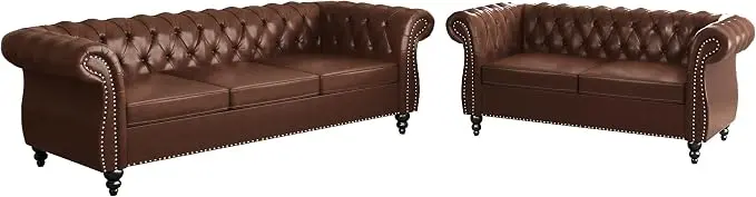 ORRD 2 Piece Living Room Set, Chesterfield Leather Sofa Loveseat Couch