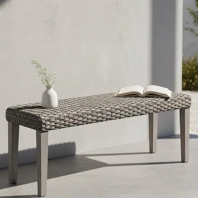 Outdoor Rattan Backless Bench, All-Weather Wicker & Solid Acacia Wood,