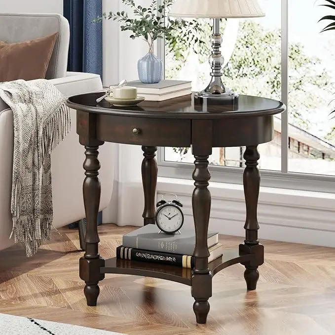 Oval End Table with Drawer, Solid Wood Sofa Side Table with Storage Shelf