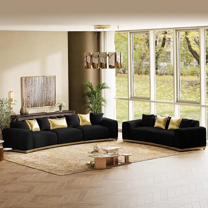 Oversized Luxury Chesterfield Sofa Set Velvet Black and Gold Couch