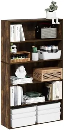 PASIR 5-Tier Book Shelf with Open Shelf, Amber Pine