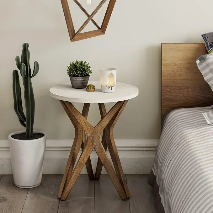 Pedestal Farmhouse End Table, Distressed Top
