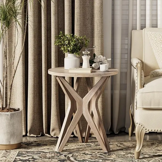 Pedestal Farmhouse End Table, Distressed Top