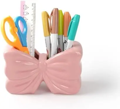 Pink Bow Ceramic Pencil Holder for Desk, Cute Office Decor