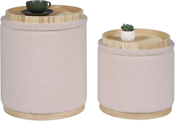 PINPLUS Round Ottoman with Storage Set of 2, Vanity Stool with Storage