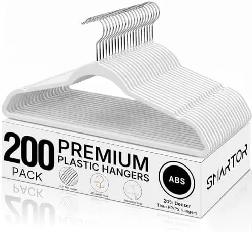 Plastic Hangers 200 Pack - Thin Hangers for Space Saving - White