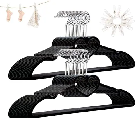 Plastic Hangers 30 Pack - Space Saving Slim Heart Hanger(Black)