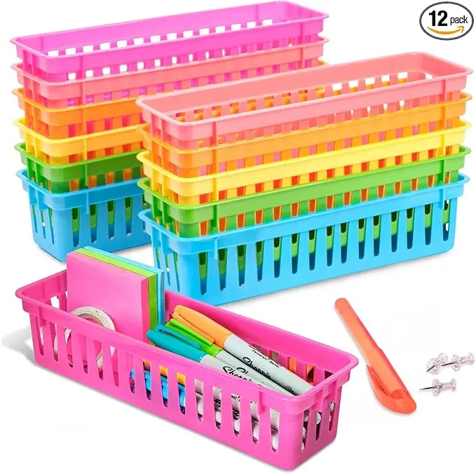 Plastic Pencil Holder for Classroom - 12-Pack, Multicolor, Slim Rectangular for Classroom Organization & Teacher Supplies