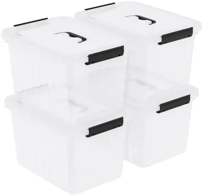 Plastic Storage Boxes with Lids, 4 Pack 20L Clear Bins