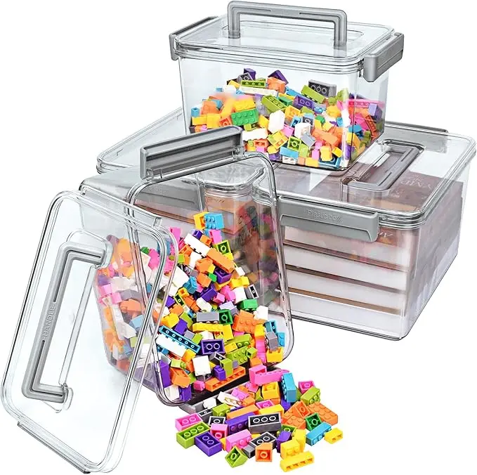 Plastic Storage Containers And Organization Bins Box Stackable with Lid and Secure Latching Buckles, Clear Clip Box For Kitchen or Pantry Storage Cabinet 4 PACK