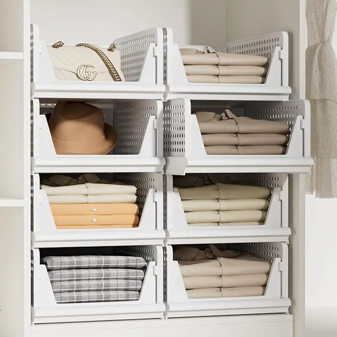Proarea 5 Pack Stackable Storage Bins, Foldable Closet Organizer Baskets, Plastic Drawer Bins for Closet Organization, Wardrobe Shelf, Laundry Room, White