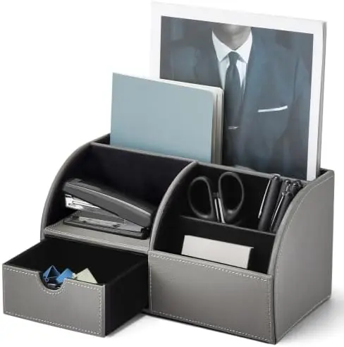 PU Leather Desk Drawer Organizer with 6 Compartments
