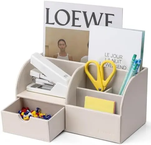 PU Leather Desk Organizer with Drawer,6 Compartments