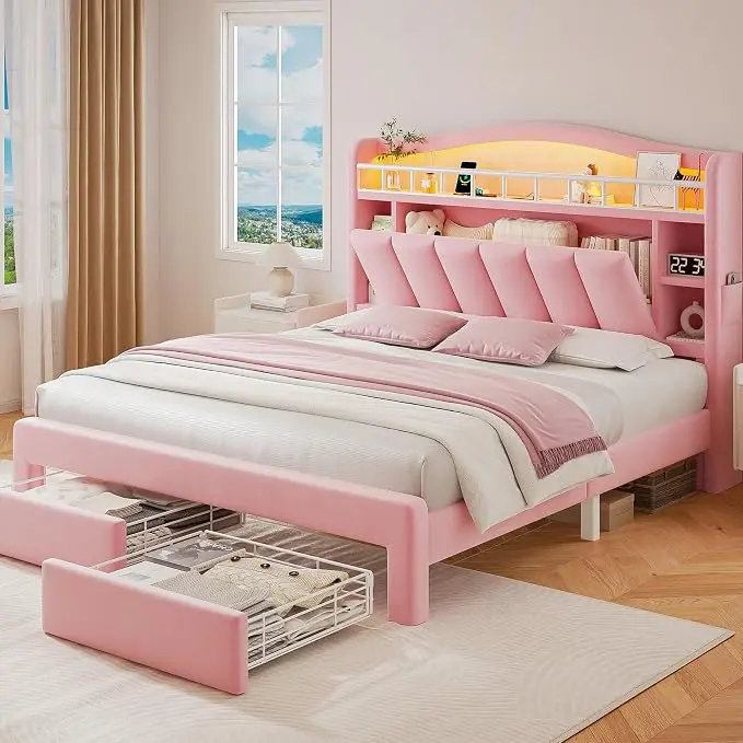 Queen LED Bed Frame with Storage Headboard & 2 Storage Drawers, Princess Velvet