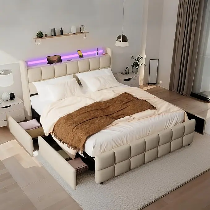 Queen Size Bed Base with Multiple Color LED Lighting, Linen Upholstered Bed