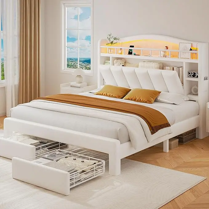 Queen Size Bed Frame with LED Storage Headboard & 2 Storage Drawers, Velvet